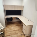 Blonde L Suite Office Desk w/ Drawers, Keyboard Tray, Overhead